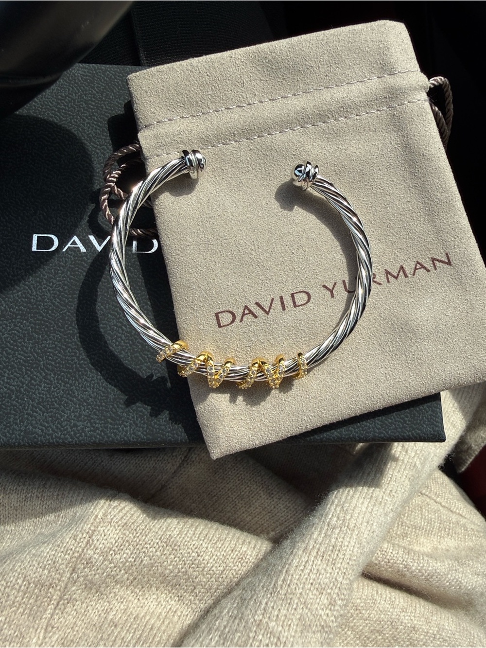 FAUX David Yurman Two-Tone Cable Cuff Bracelet in Silver and Gold.